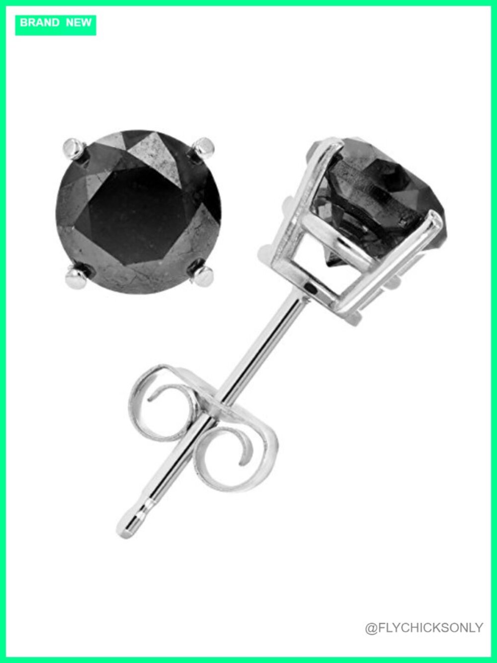 Black Diamond Stud Earrings in .925 Sterling Silver with Rhodium Push Backs